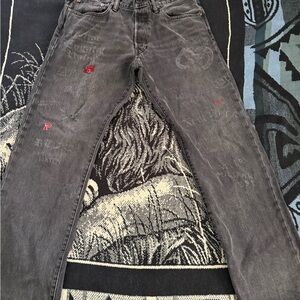Polo Ralph Lauren Red Tiger/Trident Mascot Patchwork Washed Black Denim Jeans